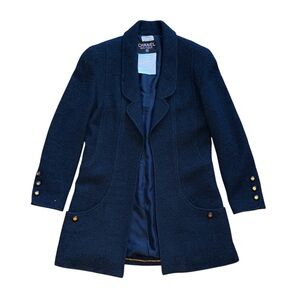 Vintage 1994 CHANEL Black Boucle mini skirt suit with open front jacket sz 34